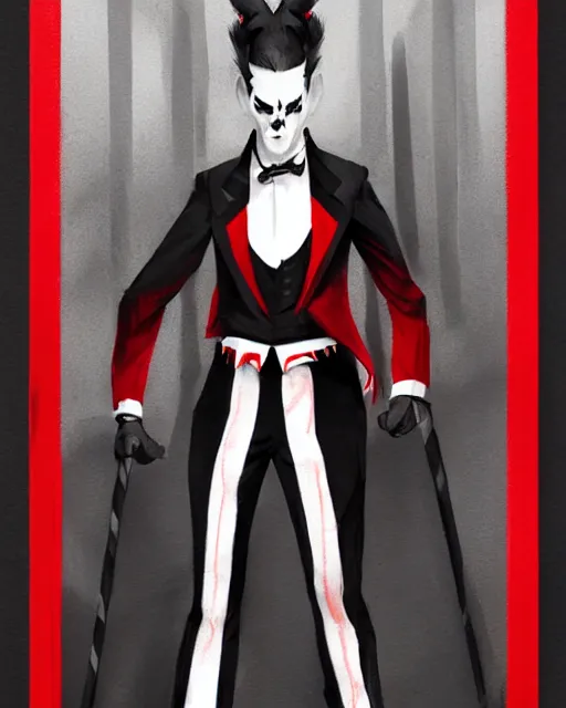 Image similar to Medium shot of Red Imp + White black striped horns + Formal outfit, in the style of greg rutkowski