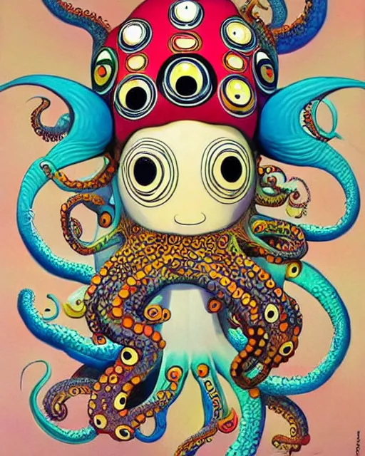 Prompt: Octopus goddess, a painting of a weird creature with a weird hat, a surrealist painting by Yoko d'Holbachie, by Takashi Murakami, by Taro Okamoto, trending on deviantart, pop surrealism, lowbrow, lovecraftian, whimsical
