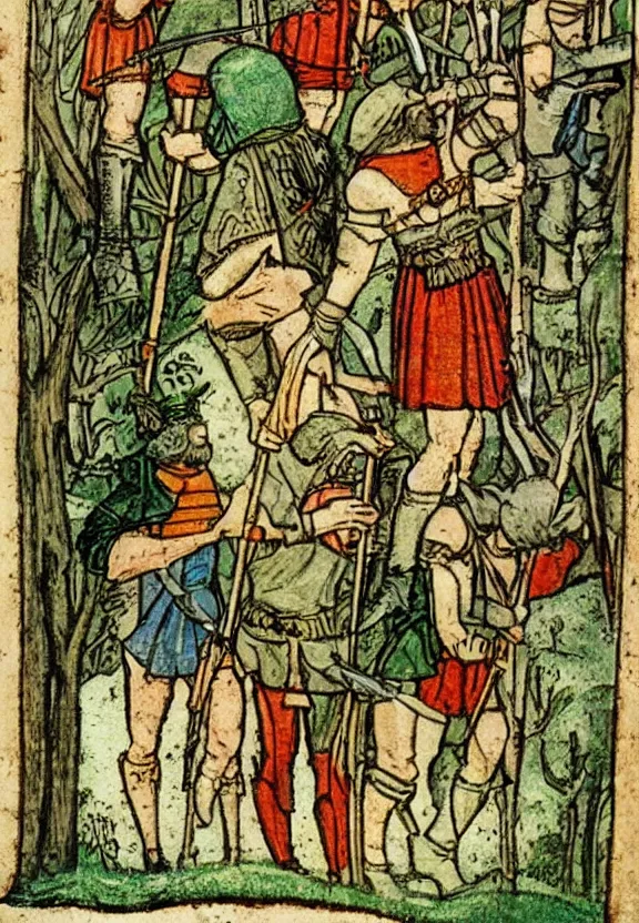 Image similar to Clear medieval illustration of Robin Hood and the merry men in the forest