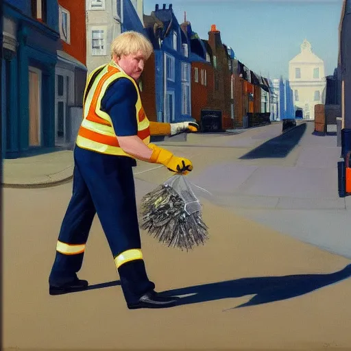 Image similar to A fine art painting of Boris Johnson doing community service in a high vis vest, he is picking litter on a British street. In the style of Edward Hopper and Wes Anderson