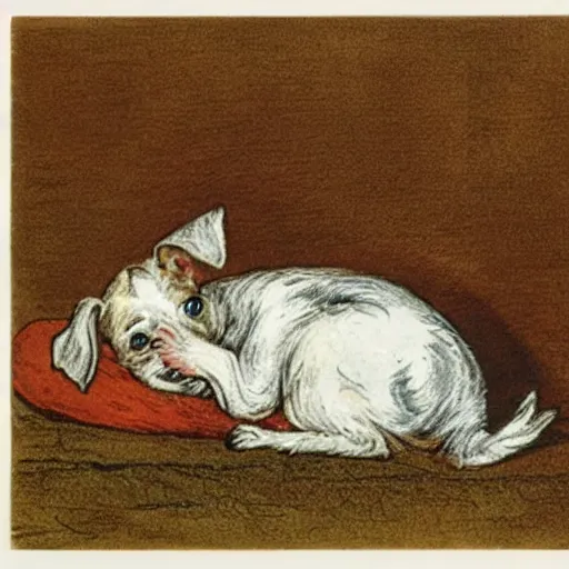 Image similar to closeup candid portrait of jack russel terrier crying on the dog bed, illustrated by peggy fortnum and beatrix potter and sir john tenniel