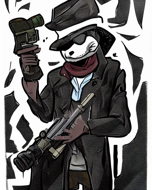 Image similar to a fox wearing a black trench - coat holding a mini - gun, comic art style, digital art,