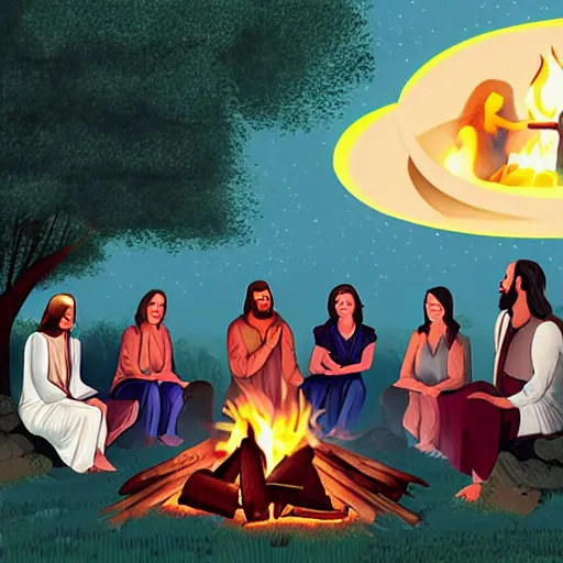 Prompt: jesus god talking with 4 women and 2 men around a campfire, realistic