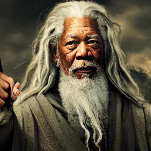 Image similar to morgan freeman starring as gandalf in lord of the rings, realistic extremely detailed photo style painting, granular detail, holographic krypton ion, octane render, 4 k, f 3 2, 5 5 mm photography, wide angle