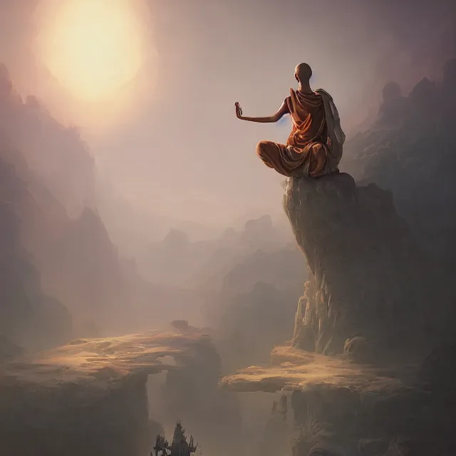 Image similar to in the style of peter mohrbacher, a glowing monk floating and meditating on a rock, dystopian landscape, intricate, masterpiece, award winning, fantasy, hyperrealism intricate