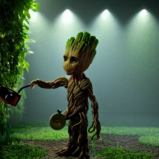 Prompt: photorealistic wide shot of Groot watering Audrey two from little shop or horrors with a watering can, octane render, unreal engine 4k, volumetric light, fog, detailed –n 9