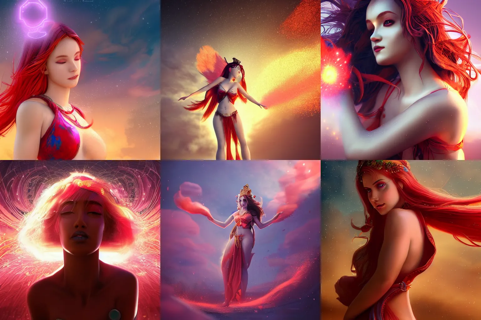 Prompt: a beautiful female goddess of the red character, character is in all its glory, character is in her natural relaxed pose, rim lights, particles and dust in the air, fancy clouds, highly detailed professional photo, dynamic lights, particles are flying, depth of field, trending on artstation, professional illustration, hyper realistic, vray caustics, super detailed, colorful accents, cinematic shot