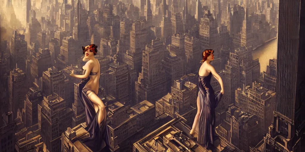 Prompt: a woman standing on a ledge overlooking an axonometric 1920s New York City, by Rolf Armstrong and Evelyn De Morgan and Bastien Lecouffe-Deharme, dramatic lighting, high contrast colors, baroque, empyrean, panoramic view, as trending on Artstation, highly detailed, cryengine,