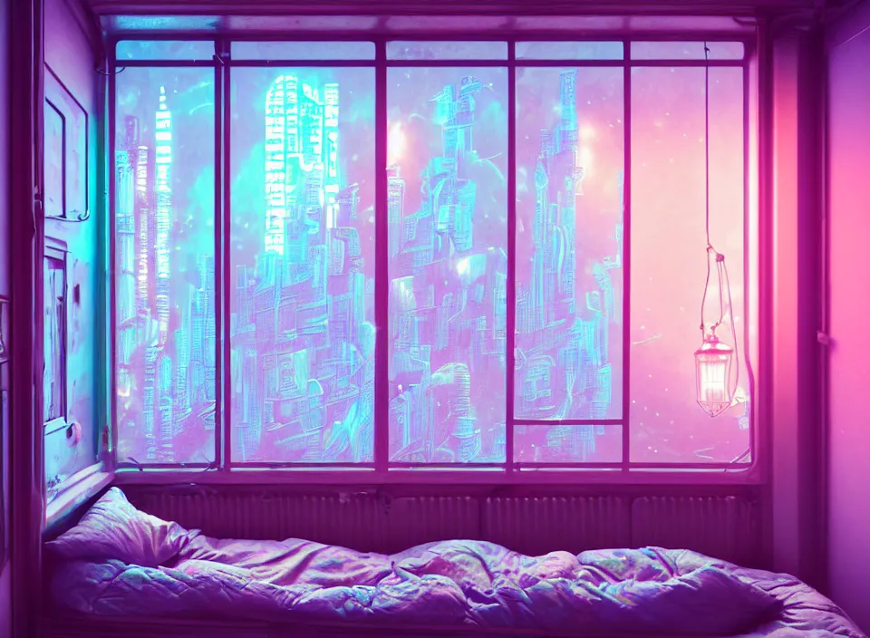 Image similar to telephoto photograph depicting the experience of acceptance in a cosy cluttered french sci - fi ( art nouveau ) cyberpunk apartment in a pastel dreamstate art cinema style. ( iridescent terrarium!, computer screens, window ( city ), leds, lamp, ( ( ( terrarium bed ) ) ) ), ambient light.