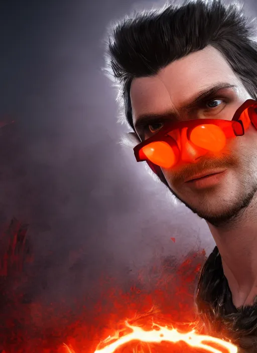 Image similar to An epic fantasy comic book style portrait painting of young man with red spiked long hair, using an orange lens googles. Wearing a black waistcoat, white shirt. He is with a vicious smile in face. Unreal 5, DAZ, hyperrealistic, octane render, cosplay, RPG portrait, dynamic lighting