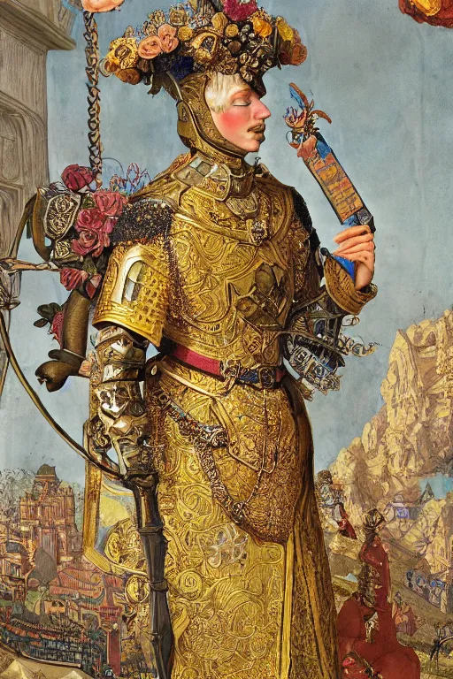 Prompt: hyperdetailed matte illustration of a knight wearing an ornate gold headpiece and holding a flower with a map of the collective subconscious in the background by john currin