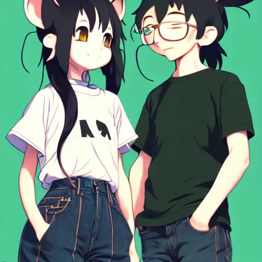 Prompt: a full body portrait of an anthropomorphic rat girl with large furry rat ears, and a long rat tail, dressed in a tee shirt and combats, finely detailed features, closeup on the faces, trending on pixiv fanbox, by makoto shinkai takashi takeuchi studio ghibli, akihiko yoshida