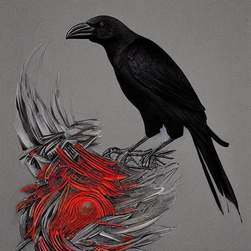 Image similar to a simple crow painting by Android Jones and M. C. Escher collaboration, futurist, digital art, dramatic lighting