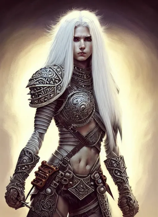 Image similar to warrior, leather armor!!! long wild white hair!! covered chest!!! fantasy, d & d, intricate ornate details, digital painting, pretty face!!, symmetry, concept art, sharp focus, illustration, art by artgerm! greg rutkowski magali villeneuve wlop! ilya kuvshinov!!, octane render