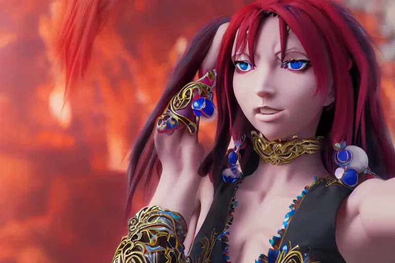 Image similar to character Lina Inverse from anime Slayers (1995 – 2009), rendered in Cinema 4D and Octane and Unreal Engine 5, hyperrealism, full body photogenic shot, digital render, cinematic lighting ornate earrings, 8k resolution, masterpiece work