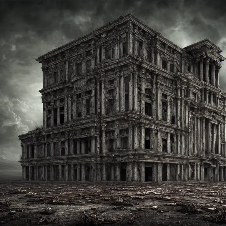 Prompt: ribbed abandoned giant building, baroque painting, standing in a desolate empty wasteland, creepy, nightmare, dream-like heavy atmosphere, surreal abandoned buildings, beautiful detailed intricate insanely detailed octane render trending on Artstation, 8K artistic photography, photorealistic, chiaroscuro, Raphael, Caravaggio, Beksinski, Giger