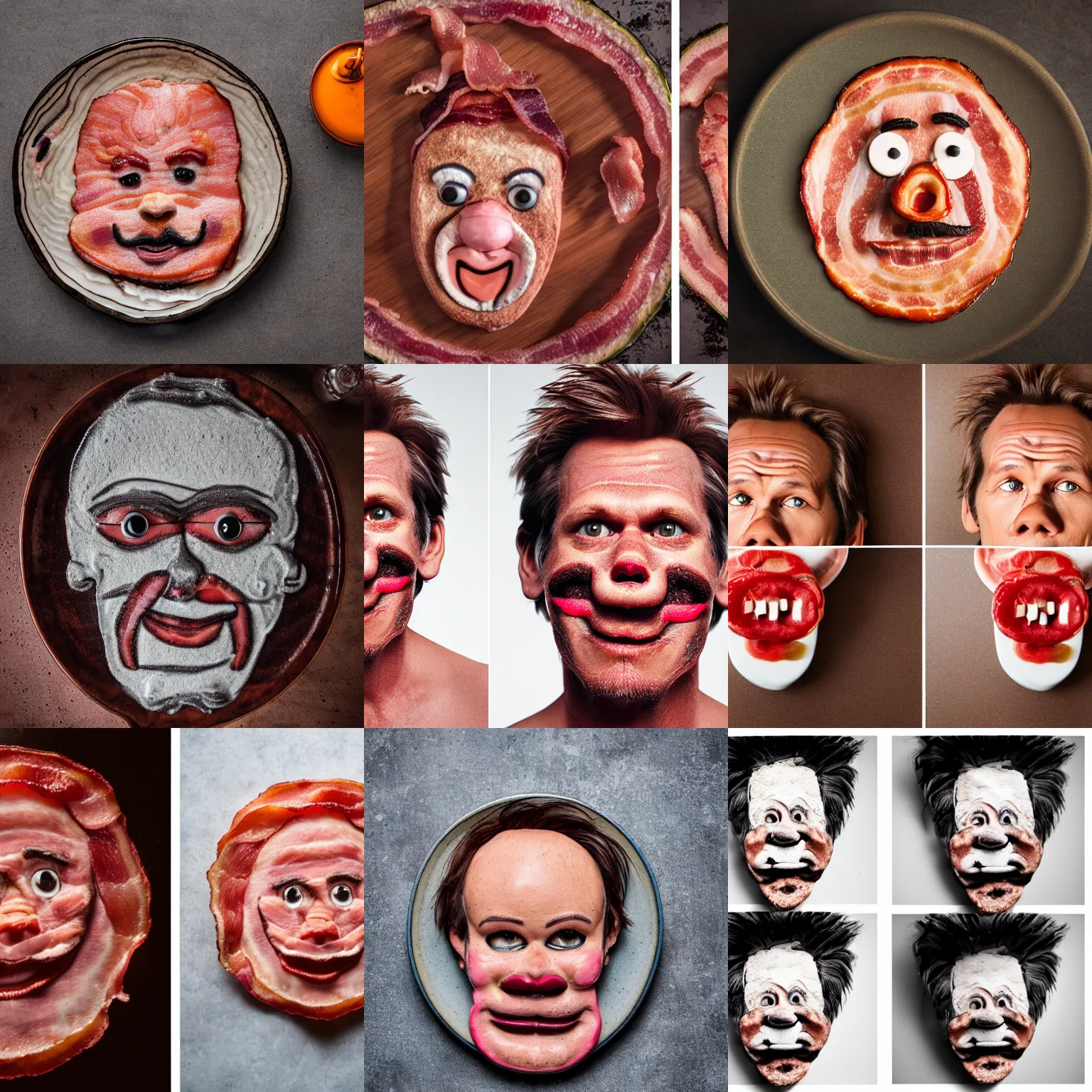 Prompt: bacon face that looks just like kevin bacon, dish, top view, sigma 8 5 mm