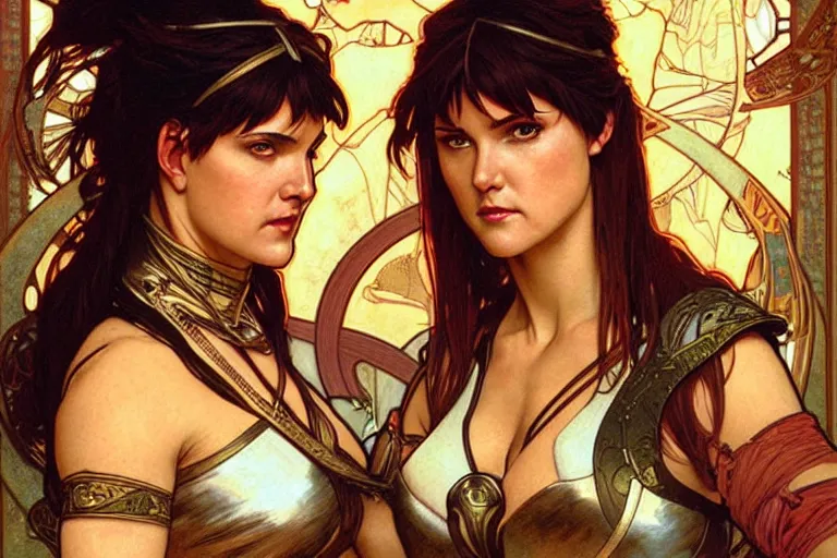 Image similar to xena warrior princess eating at a restaurant art by artgerm and greg rutkowski and alphonse mucha