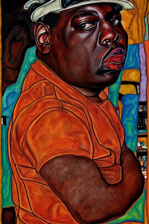 Image similar to a portrait of biggie small in style of egon schiele, masterpiece, hyperdetailed, complex, intricate, 4 k, trending on artstation