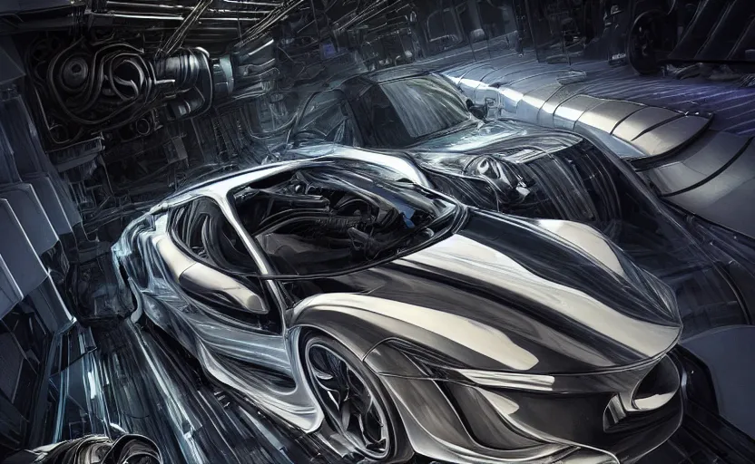 Image similar to sport car, hyperrealistic mixed media, stunning 3d render inspired art by P. Craig Russell and Barry Windsor-Smith + perfect facial symmetry + dim volumetric lighting, 8k octane beautifully detailed render, post-processing, extremely hyperdetailed, intricate futuristic mechanic parts, epic composition, grim yet sparkling atmosphere, cinematic lighting + masterpiece, trending on artstation