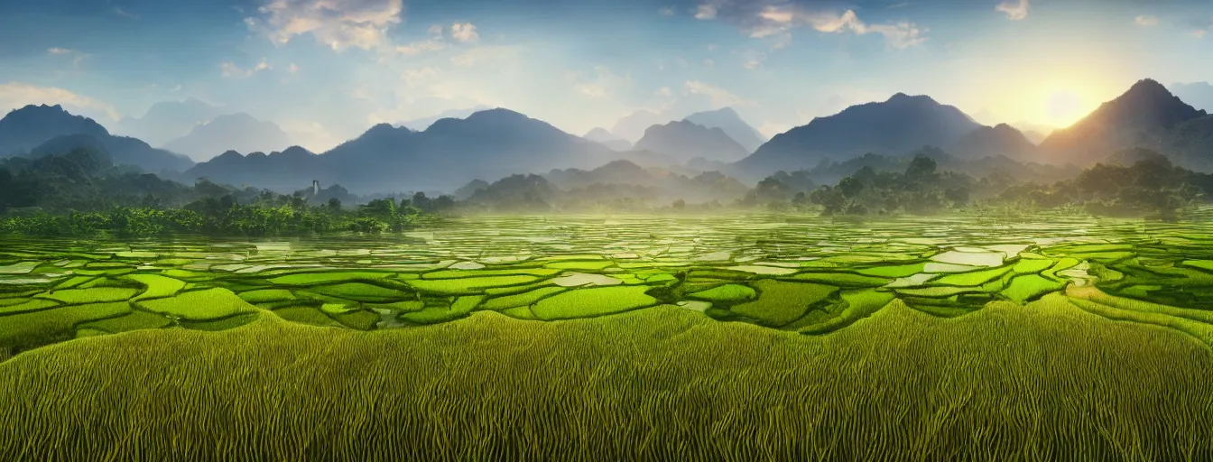 Prompt: Photo of paddy field of Yan, with several village and gunung jerai mountain at the background, wide angle, volumetric light, hyperdetailed, light water, artstation, cgsociety, 8k