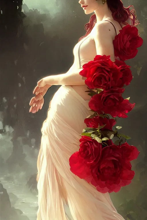 Image similar to woman dressed in a vaporous wrapped large victorian red roses silk semi-transparent dress fashion is running D&D, fantasy, intricate, elegant, highly detailed, digital painting, artstation, concept art, matte, sharp focus, illustration, art by Artgerm and Greg Rutkowski and Alphonse Mucha