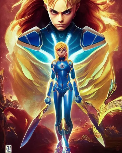 Prompt: Symmetric movie poster of Cara delevingne as Samus Aran , Epic Fantasy cover art, ultra wide lens shot,cinematic lighting, beautiful,art by Artgerm and Greg Rutkowski and Alphonse Mucha