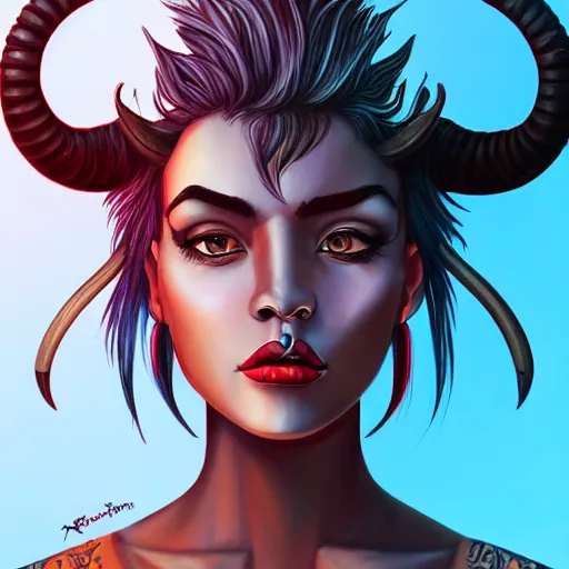 Prompt: illustrated portrait of ram-horned devil woman with blue bob hairstyle and tanned colored skin and with solid black eyes wearing leather by rossdraws