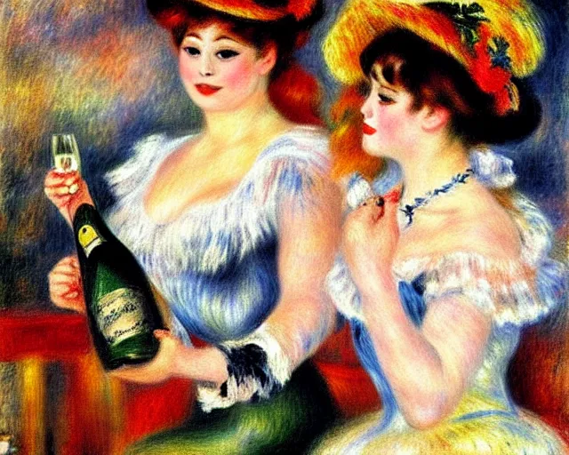 Prompt: vintage, champagne. cancan, french, realistic, cheerful, 1 9 0 2 art by renoir