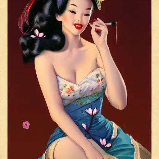 Image similar to pin - up portrait of a beautiful young mulan, pretty long hair, traditional dress, cherry blossoms, intense flirting, showing curves, symmetrical face, digital art, smooth, extremely detailed, model pose, by wu bayard, by gil elvgren, by ralph horsley, by hanks steve