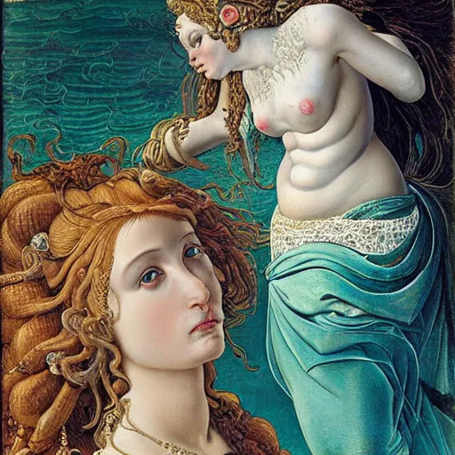 Prompt: intricate detail, hyper detail, drunk woman, very tired, wearing full body mans suite, hazel green eyes, teal eyebrows, with aqua neon rapunzel dreadlocks, detailed, by sandro botticelli, gaston bussiere, h. r. giger, masterpiece, sharp focus,