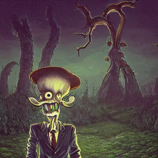 Image similar to 4 k headshot portrait of a psychedelic demonic anthropomorphic wendigo smoking a hand - rolled cigarette smoking heavily, magic mushroom village in background. award winning. superb resolution. in the art style of junji ito and greg rutkowski. detailed mushroom city in background. hyper realistic anime. perfect art. dalle 2