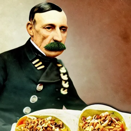 Image similar to a 1 8 5 8 colorized photo of general pitzer a union general eating a large chicken burrito with cheese and salsa