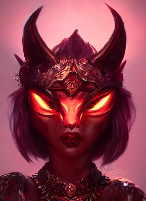 Prompt: imp demon goddess, cute fox ears, leather armor, character portrait in the style of thomas river and artgerm, cinematic lighting, hyperdetailed, 8 k realistic, symmetrical, global illumination, radiant light, frostbite 3 engine, cryengine, trending on artstation, digital art, chanel