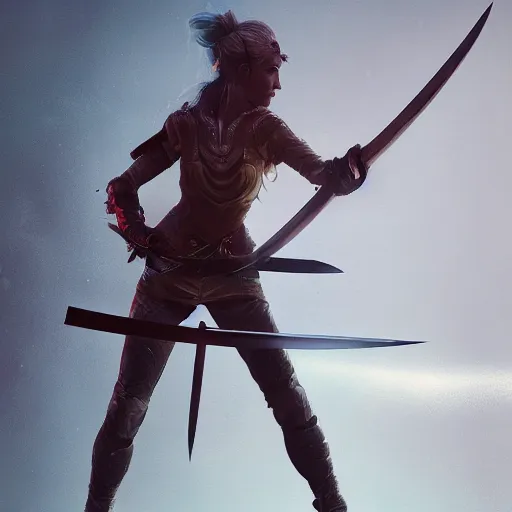 Image similar to a women swordsman holds a sword, by beeple, by ruan jia, grim expression, unreal engine, octane rendering, 8 k, closeup, full body, smooth, trending on artstation, digital illustration, blcak hair