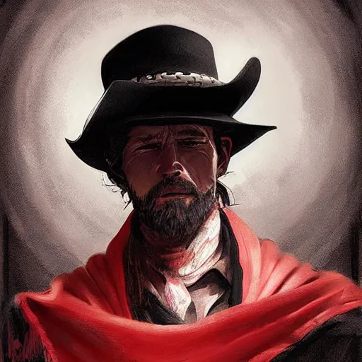 Prompt: cowboy dressed in black and a red scarf sitting in a saloon, portrait, digital art by cedric peyravernay, artgerm, john harris, greg rutkowski