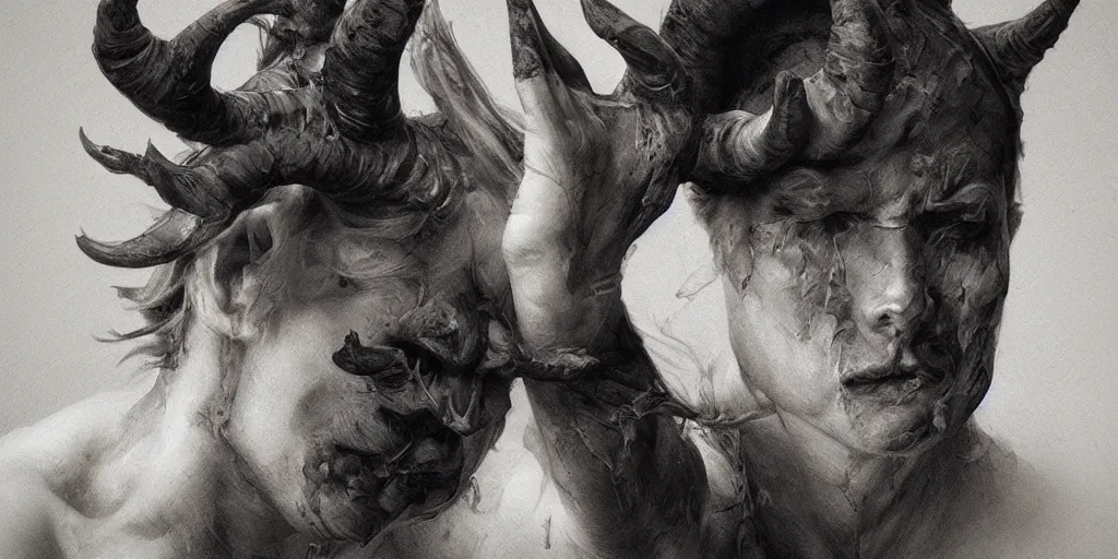 Prompt: highly detailed black and white photography of one face with pointed horns, hand gesture, beautiful, dark, masterpiece, art by durero, rubens, riccardo federici, roberto ferri, james jean, craig mullins, illustration, draw, spatula, splash