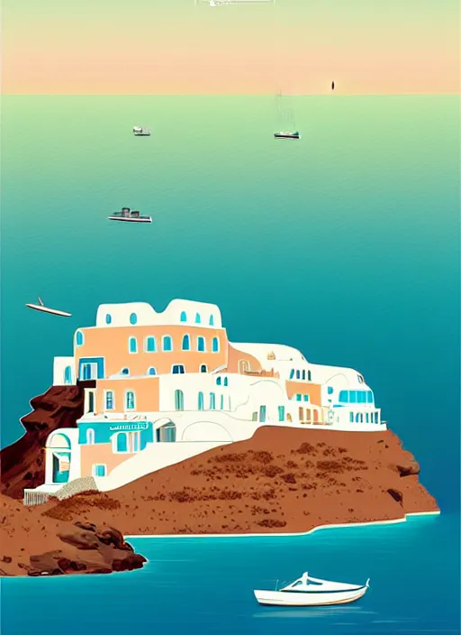 Image similar to a travel poster illustration depicting a house in santorini with an ocean view, vintage style, white architecture, digital painting, vector art, trending on artstration, by anton fadeev, by alena aenami