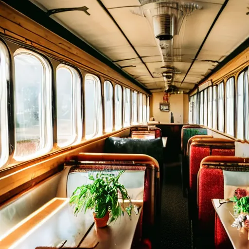 Image similar to photograph of cozy private diner train car, plush chairs, god rays through windows, rich wooden table, potted plants, warm light, wide angle