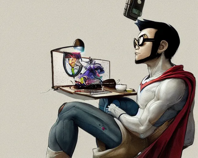 Image similar to an insanely detailed painting of a nerdy asian man wearing a superhero costume, sitting at a desk, staring at the nervously at the computer and typing, in the style of peter mohrbacher, dramatic lighting and composition, octane render, pixar, trending on artstation, concept art, comic book, view from behind