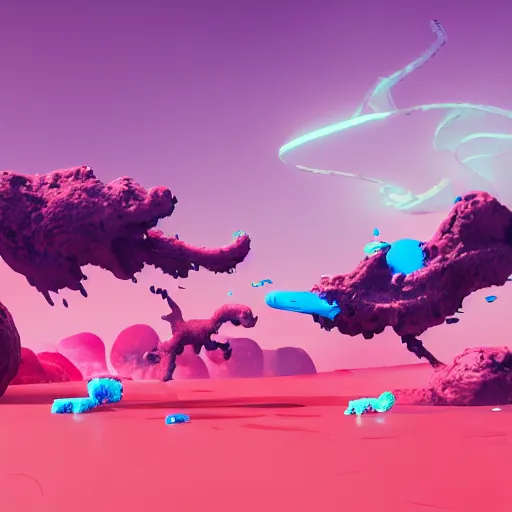 Prompt: a concept art of slime and pva glue animals, unreal engine, alien mountains, 8 k resolution, concept art, national geographic, pink - orange and blue color palette