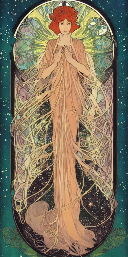 Image similar to Ethereal elven goddess of autumn and galaxies. Manga artbook illustration by CLAMP and Alphonse Mucha.