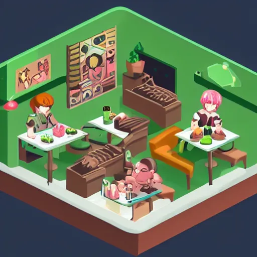 Image similar to cannabis cafe detailed cute characters, isometric fun style rendered, by ren hang, australian style video game still