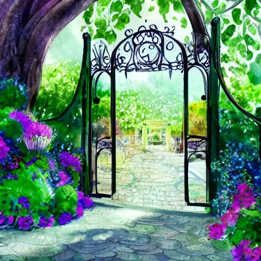 Image similar to delicate, chairs, garden, paved, botanic watercolors, iridescent, 8 k, realistic shaded, fine details, artstation, italian, iron gate, tree, mediterranean, neon flowers