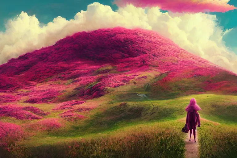 Prompt: giant dahlia flower blooming head, girl walking on mountain, surreal photography, pink storm clouds, dramatic light, impressionist painting, digital painting, artstation, simon stalenhag