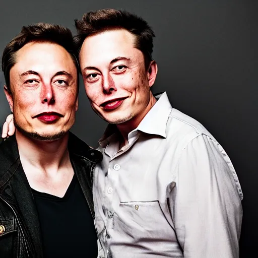 Image similar to A portrait photo of Elon Musk teams up with a teenage Elon Musk, perfect faces, 50 mm, award winning photography