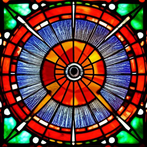 Prompt: Stained glass window depicting a sharingan, digital art, realistic, atmospheric