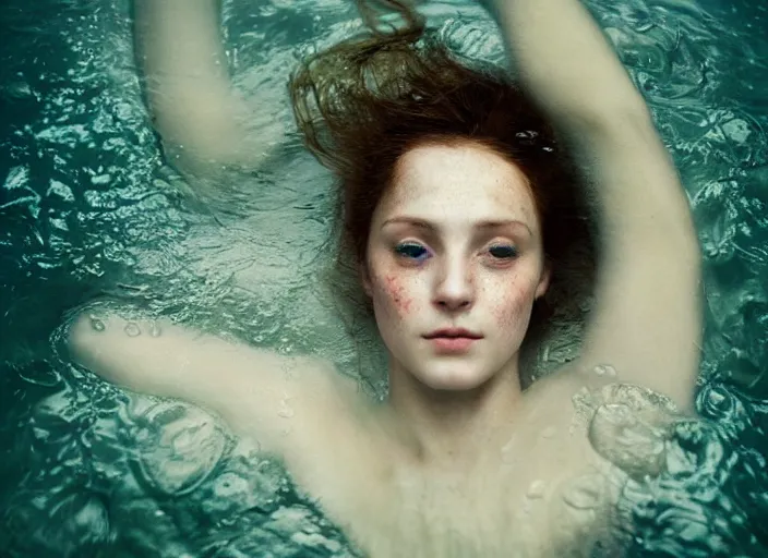 Image similar to Kodak Portra 400, 8K, soft light, volumetric lighting, highly detailed, britt marling style 3/4 by Martin Stranka , portrait photography of a beautiful woman how pre-Raphaelites with her eyes closed,inspired by Ophelia by Martin Stranka, the face emerges from water of Pamukkale, underwater face, anatomical real full body dressed ethereal lace dress floating in water surface , the hair are intricate with highly detailed realistic beautiful brunches and flowers like crown, Realistic, Refined, Highly Detailed, soft blur background, outdoor soft pastel lighting colors scheme, outdoor fine art photography, Hyper realistic, photo realistic