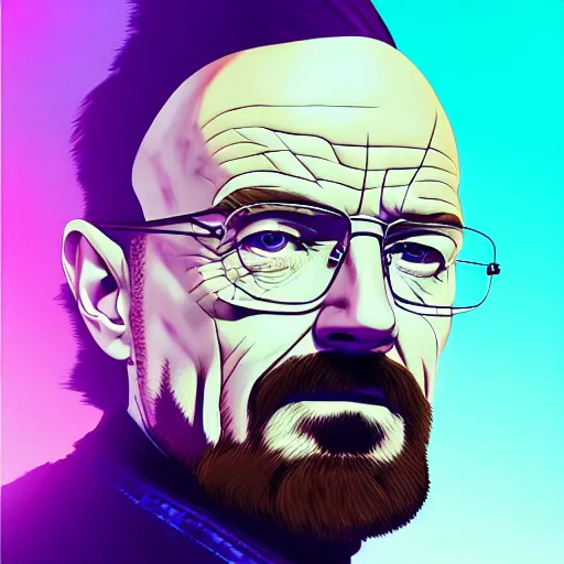 Image similar to walter white on top off jesse pinkman's back, and a purple coloured leather jacket, one side haircut, long brown hair with light blue ends, portrait, hyperdetailed, artstation, cgsociety, synthwave by tangerine dream, by jean - michel jarre, by vangelis, by john carpenter