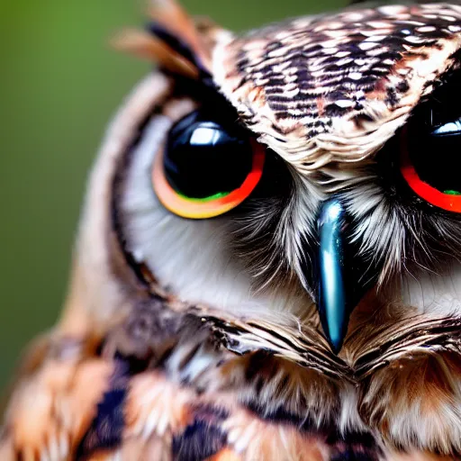 Prompt: owl mixed with black widow spider, hybrid creature, macro lens, bokeh, kodak color film stock